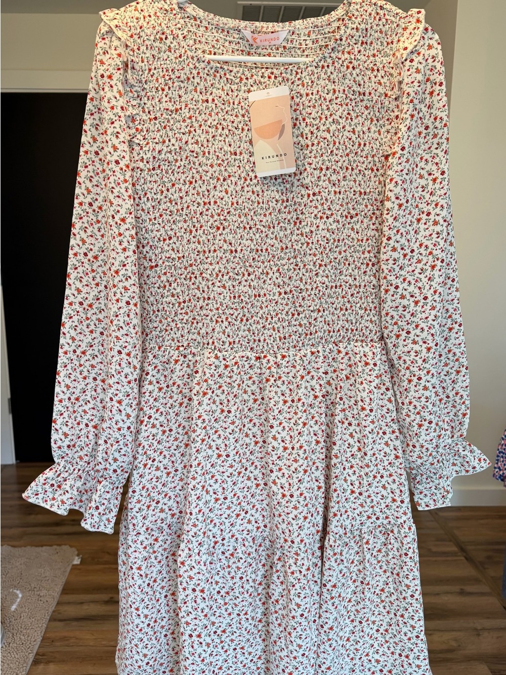 Kirundo Brand Long Sleeve Floral Crewneck A Line Ruffle Dress Size Medium